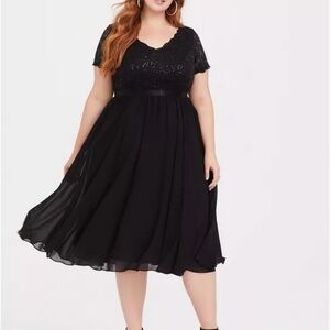 Torrid Black Fit and Flare Midi Dress with V-Neck